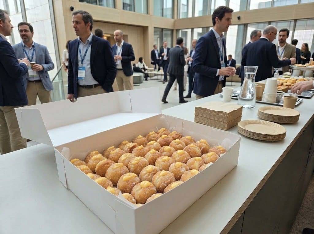Caixa de miniaturas de bola de Berlim com creme num evento de empresa