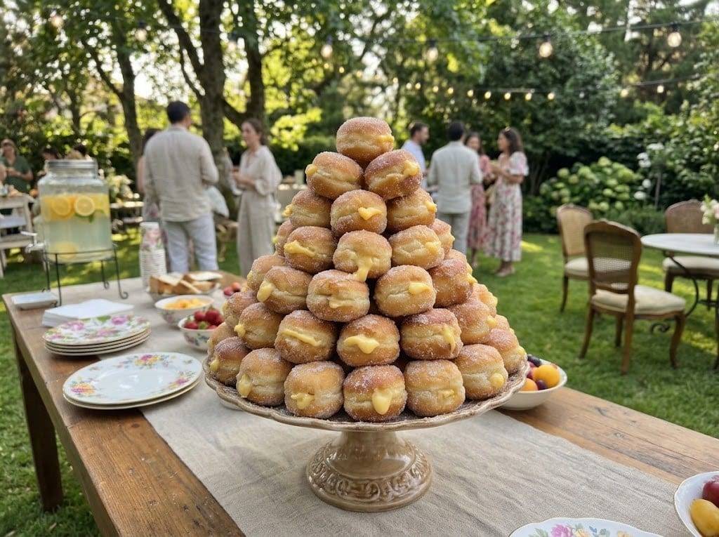 Pirâmide de miniaturas de bola de Berlim com creme numa mesa de jardim, num evento ao ar livre